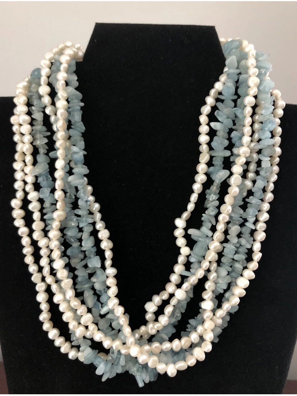 Six Strand Aquamarine & Cultured Pearl Torsade Chip Necklace 925 Sterling 17"